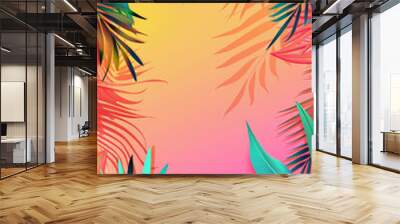 Bright summer poster with vivid tropical leaves on a gradient background in pink, orange, and yellow hues and copy space in center Wall mural