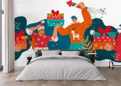 Cheerful people with Christmas gifts. Men and women in winter clothes with Christmas and New Year gifts. Wall mural