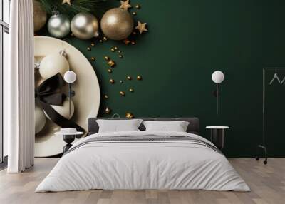 Christmas table setting: beige plate with white Christmas balls, black ribbon, mockup on dark green background. Christmas table setting. Horizontal banking background for web. Photo AI Generated Wall mural