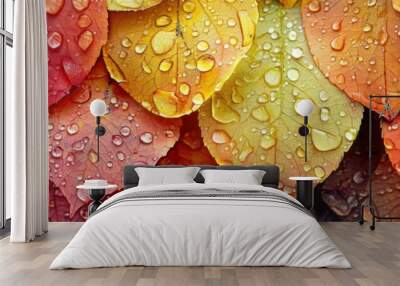 Close up of colorful leaves with water drops on them Wall mural