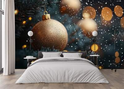 Close-up of golden Christmas decoration ball with ornaments on a tree with bokeh lights Wall mural