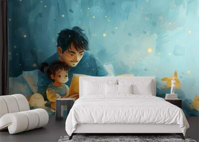 Father illustration. Father and child at bedtime. Father reads book for children. Father read in bed illustration. Father with bedtime book illustration. Father reading a bedtime book illustration Wall mural