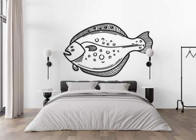 Flatfish. Ink sketch of flounder. Hand drawn fish vector illustration isolated on white background. Wall mural