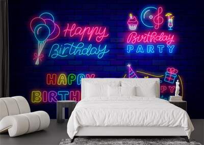 Birthday celebration neon signboard collection. Happy bday greeting card. Shint lettering. Vector illustration Wall mural