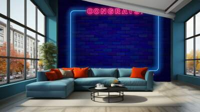 Congrats neon announcement. Vintage blue border. Winning frame. Bright flyer. Vector stock illustration Wall mural