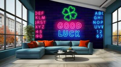 Good luck neon label. Clover leaves. Saint Patrick day. Handwritten colorful inscription. Vector stock illustration Wall mural