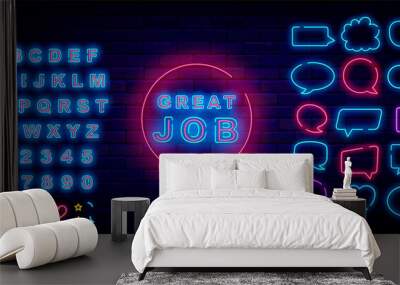 Great job neon sign. Shiny blue alphabet. Well done concept. Speech frames collection. Vector stock illustration Wall mural