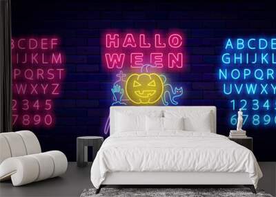 Halloween night neon sign on brick wall. Luminous pink and blue alphabet. Party invitation. Vector stock illustration Wall mural