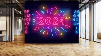 Happy New Year 2024 neon label. Colorful firework frame. Bright pink and blue alphabet. Vector stock illustration Wall mural