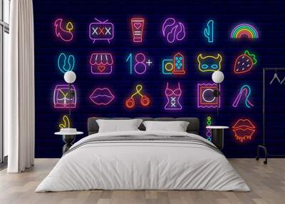 Sex shop neon icon set. Adult only accessories. Intimate store. Simple logotype design. Vector stock illustration Wall mural