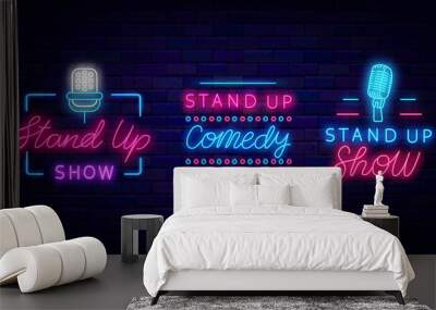 Stand up comedy neon signboards collection. Frame with microphone. Comic night show. Vector stock illustration Wall mural