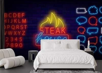 Steak house neon label. Barbecue party banner. Speech bubble frames set. Grill bar invitation. Shiny red alphabet. Editable stroke. Vector stock illustration Wall mural