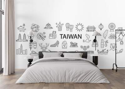 Taiwan culture concept with outline icons. Taiwanese items. Elements for travel agent and guide. Vector illustration Wall mural