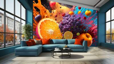 Generative AI. An explosion of tropical fruits with splashes on a dark isolated background. Horizontal panorama. Wall mural