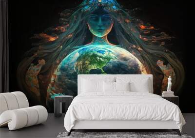 Generative AI.Poster for Mother Earth Day with the image of a beautiful woman in the image of Mother nature. The Salvation of the Earth and Earth Day, the concept of a green day. Horizontal wide  Wall mural