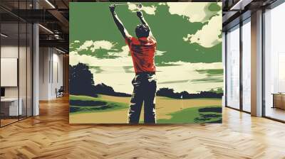 Golfer celebrating with arms raised holding a golf club under a clear sky. Outdoor scene with trees in the background. Generative by AI Wall mural