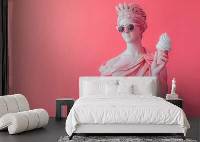 Greek goddess statue wearing sunglasses with ice cream on pink background. Greek goddess eating ice cream. Summer vacation.  Wall mural