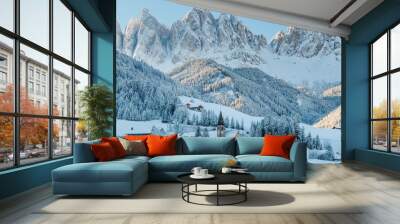 The small village in Dolomites mountains in winter. Wall mural