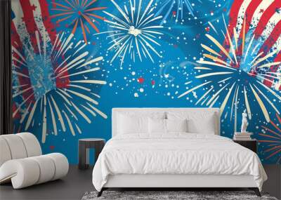 Illustrated banner in pop art style with fireworks and copy space in colors of American flag Wall mural