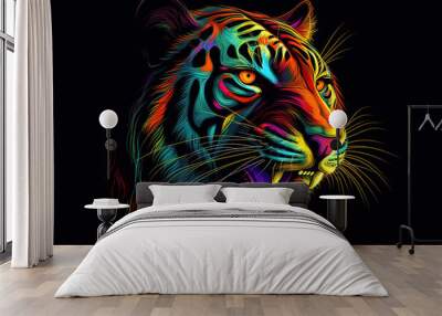 illustration of an abstract, neon tiger in pop art style on a black background. Generative AI Wall mural