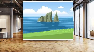 Kicker Rock, Leon Dormido. Beautiful panoramic seascape with green coastline, big fluffy clouds. Ocean scenic view. Hand-drawn vector illustration Wall mural