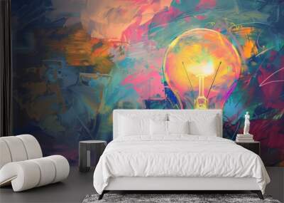 Abstract background with a glowing light bulb and an innovation concept. Digital painting illustration art design for a creative idea, business success Wall mural