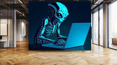 Cartoon alien using laptop in dark background Wall mural