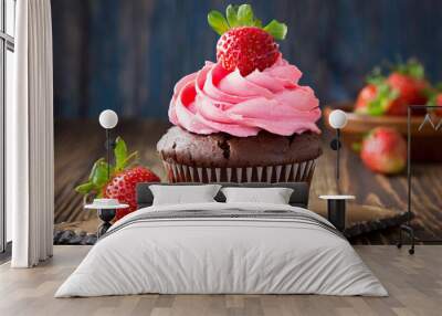 Chocolate cupcake with strawberry cream Wall mural