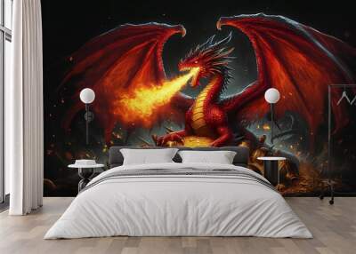 Dragon with flame sitting on the gold illustration  Wall mural