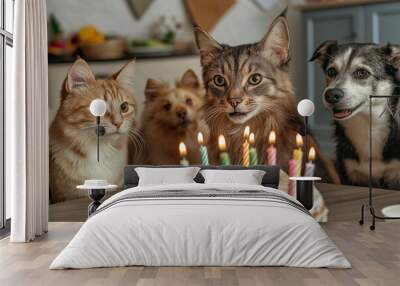 Pets Celebrating Birthday with a Cake Wall mural