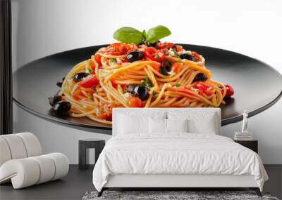 Spaghetti alla puttanesca on black plate isolated on transparent background Wall mural