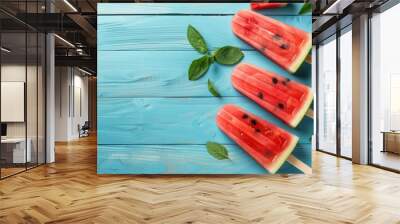 watermelon slice popsicles on blue wooden background, summer food concept. top view with copy space  Wall mural