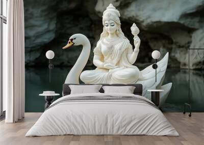 White Statue of Saraswati on a Swan Wall mural