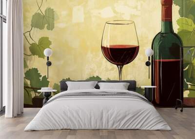 Wine Bottle and Glass Illustration Wall mural