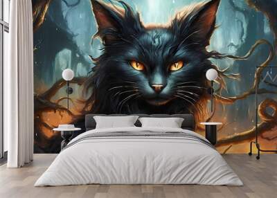 Witch black cat illustration spooky concept Wall mural