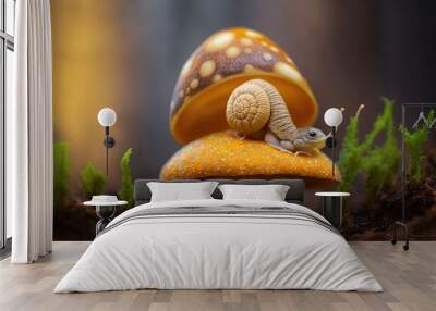 Macro shot of a snail crawling on a mushroom. Generated by AI. Wall mural