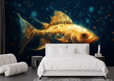 Magic goldfish isolated on dark sea blue background. Generative AI illustration. Wall mural