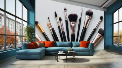 makeup brush set on light background. the view from the top Wall mural