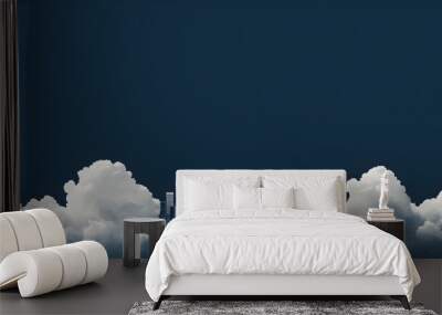 Minimalist navy blue skyline emerging from fluffy white clouds with a clear sky conveying a sense of tranquility and urban elegance Wall mural