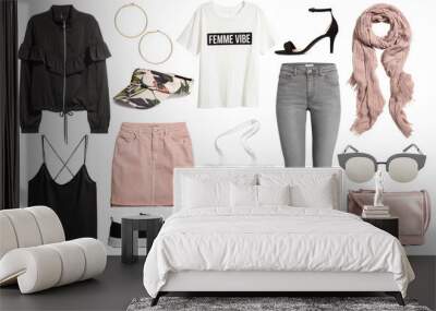 mood board fashion clothes, outfit, clothes collage, set of fashionable clothes and accesories, woman trendy fashion clothes collage on white, flat lay, top view Wall mural