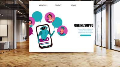 Online customer support website banner template with chatbot and avatars of people. People communicating with robot assistant application, cartoon vector illustration. Wall mural