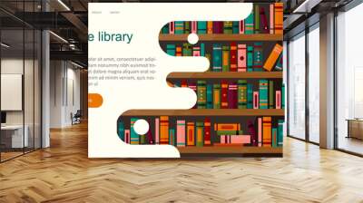 Online library app for reading, banner, website template. Electronic book store application on background with bookshelves, digital technologies in education. Vector graphic. Wall mural