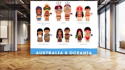 People in national clothes. Australia & Oceania. Set of cartoon characters in traditional costume. Vector flat illustrations. Wall mural