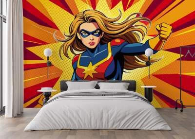 Pop art comic book style super heroine punching with female superhero costume poster design wall decoration illustration Wall mural