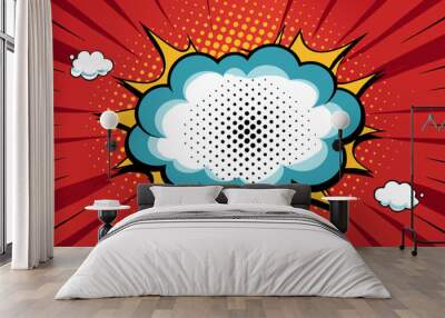 Pop art splash background, explosion in comics book style, blank layout template with halftone dots, clouds beams and isolated dots pattern on red backdrop. Vector template for ad, covers, posters.. Wall mural