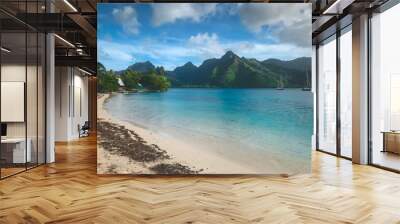 Tropical island beach, Moorea, French Polynesia. Crystal water sea bay, white sand beach, green mountain range in background. Virgin untouched nature sea lagoon, yacht tour, exotic travel destination Wall mural