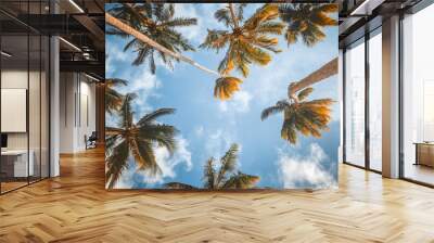 Tropical palm trees with sun light on blue sky and cloud abstract background. Summer vacation and nature travel adventure concept. Awesome natural background. Low angle from below shot creative design Wall mural