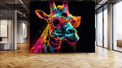 Realistic portrait of a hipster Giraffe wearing glasses in neon colors. Generative AI illustration. Wall mural