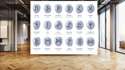 Runes set. Runic symbols on grey stone pieces. Nordic scandinavian ancient rune alphabet, futhark. Mystical  esoteric, occult, magic symbols predicting future. Cartoon vector isolated illustration. Wall mural