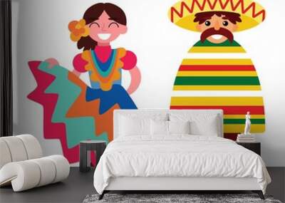 Couple of Mexican dancers white isolated vector illustration. Happy woman in traditional dress and flower in her hair and man in poncho with sombrero. Cute Hispanic cartoon characters man and woman Wall mural